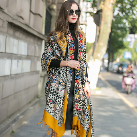 Oversized Wool Shawl - Multifunctional Ethnic Elegance in Vibrant Yellow with Plants and Flowers Pattern - FlaxLin Eco Textiles