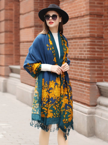 Women's Pure Wool Scarf - Multifunctional Ethnic Elegance in Captivating Blue with Plants and Flowers Pattern - FlaxLin Eco Textiles