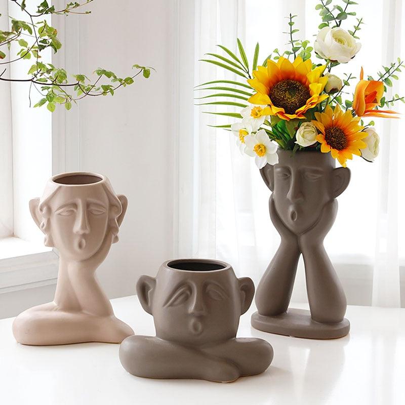 Ceramic Abstract Face Vase Decoration - FlaxLin Eco Textiles