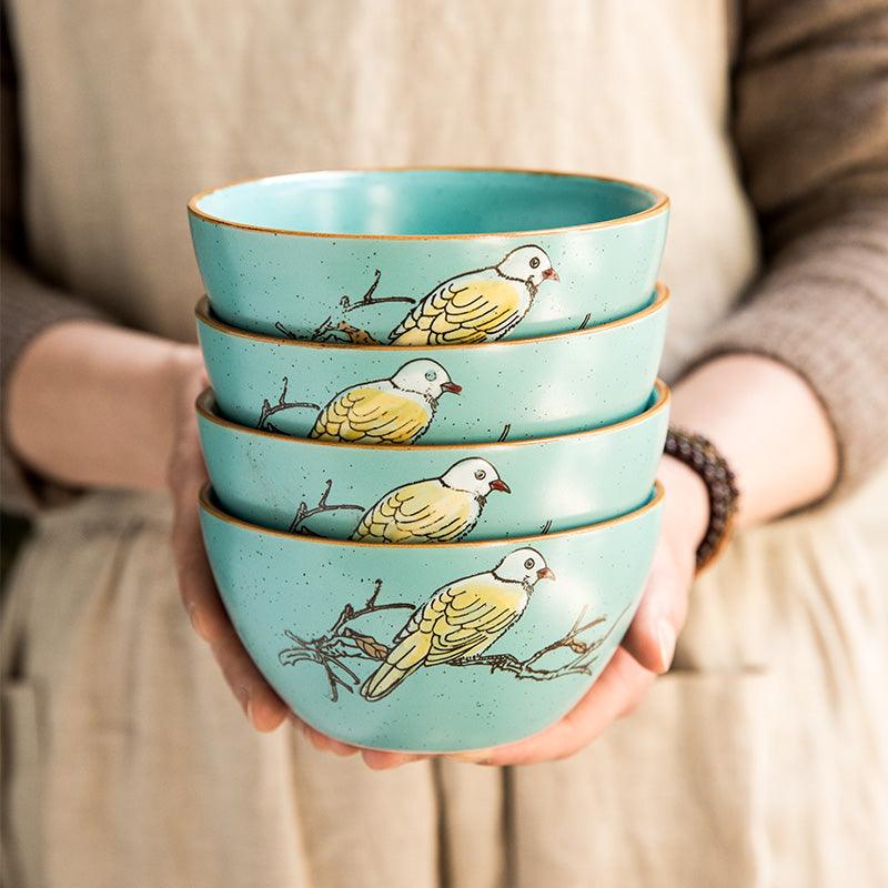 Chinese Elegance: Hand-Painted Bird Bowl Set (4 pcs) - FlaxLin Eco Textiles