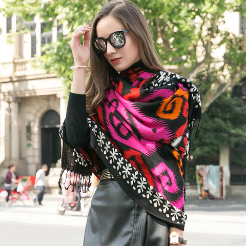 Women's Pure Wool Scarf - Multifunctional Ethnic Elegance in Abstract Black Rose-Red Design - FlaxLin Eco Textiles