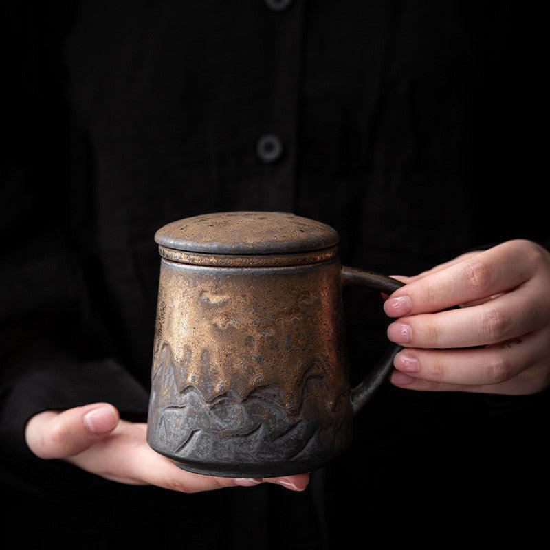 Vintage Ceramic Mug with Lid & Filter Set - Fashionably Simple Elegance -  - FlaxLin Eco Textiles
