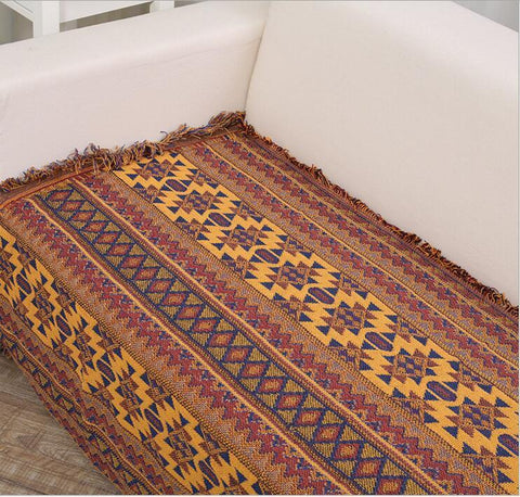 Ethnic Essence: Yellow Geometric Pattern Multi-Use Cotton Blanket - FlaxLin Eco Textiles