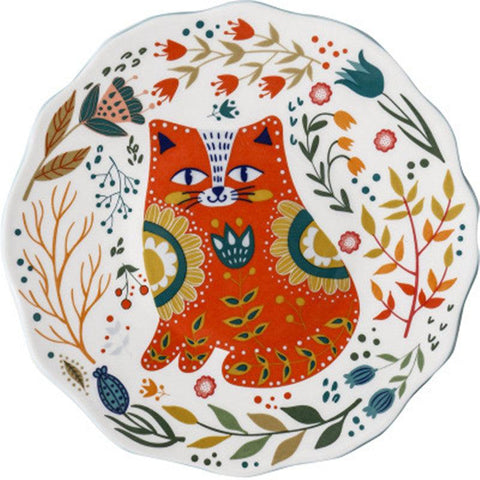 Hand Painted Cat & Flower Cartoon Ceramic Dinner Plate - FlaxLin Eco Textiles