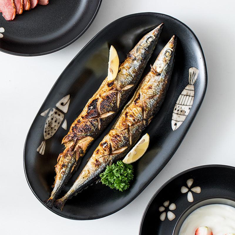Majestic Marine Elegance: Japanese-style Hand-painted Large Fish Plate - FlaxLin Eco Textiles