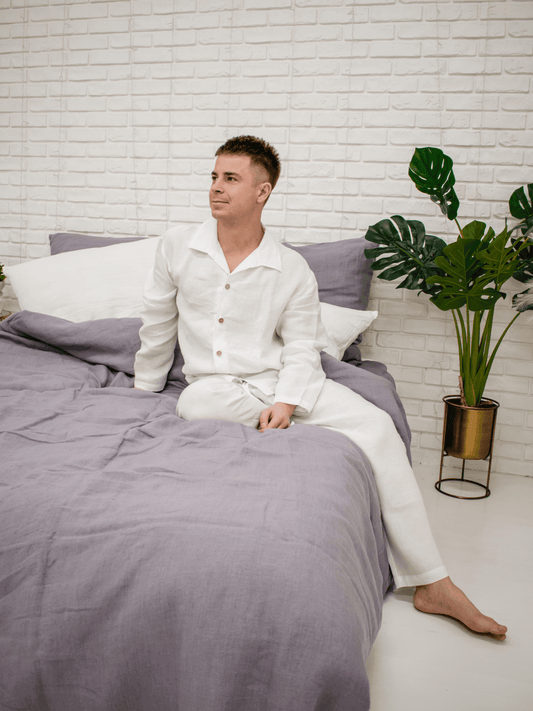 Men's Classic Soft Linen Snow White Pyjama Set - Pajama - FlaxLin Eco Textiles 1500
