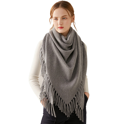 Fringed Cashmere Shawl - Luxurious Baroque Style in Solid Grey for Winter, Spring, and Autumn