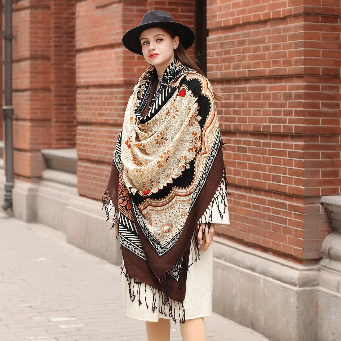Oversized Women's Wool Cape - Multifunctional Ethnic Elegance with Plants and Flowers Pattern in Rich Brown - FlaxLin Eco Textiles