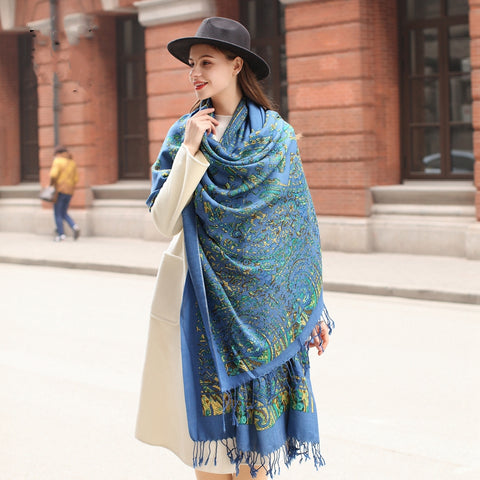 Blue Wool Cape: Thick Spring and Autumn Oversized Shawl - Ethnic Style - FlaxLin Eco Textiles