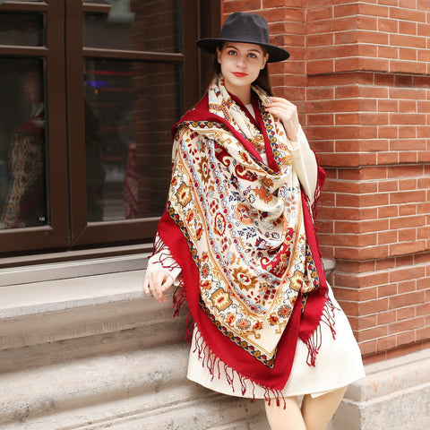 Elegance Redefined: Ethnic Shawl - Long Oversized Pure Wool Scarf with Plants and Flowers Pattern - FlaxLin eco Textiles