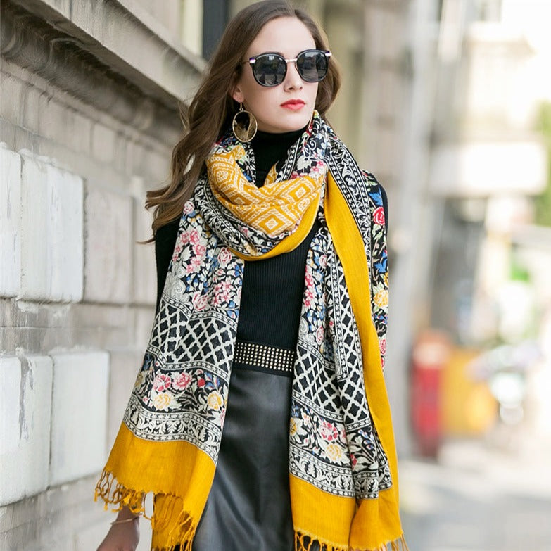 Oversized Wool Shawl - Multifunctional Ethnic Elegance in Vibrant Yellow with Plants and Flowers Pattern