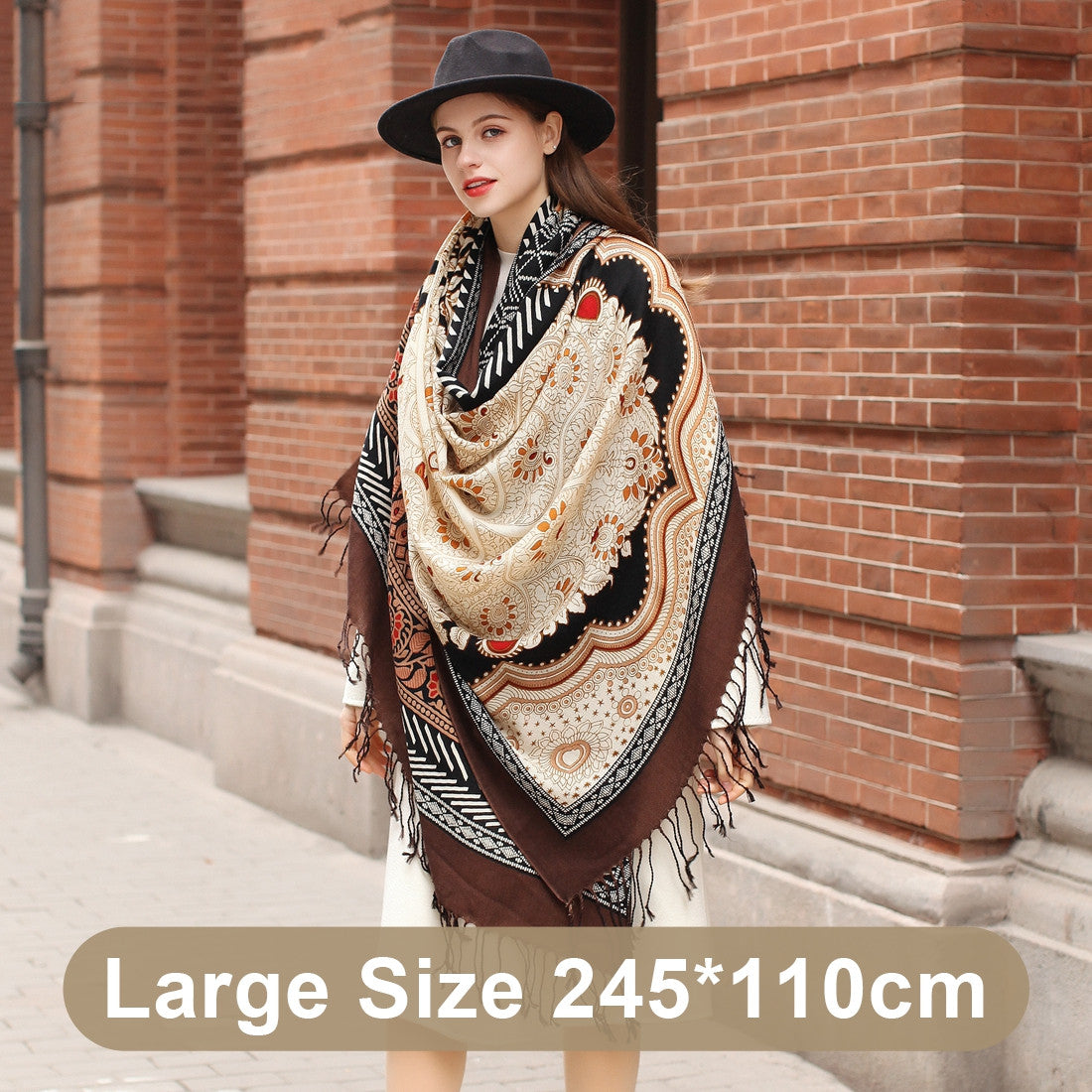 Oversized Women's Wool Cape - Multifunctional Ethnic Elegance with Plants and Flowers Pattern in Rich Brown - FlaxLin Eco Textiles