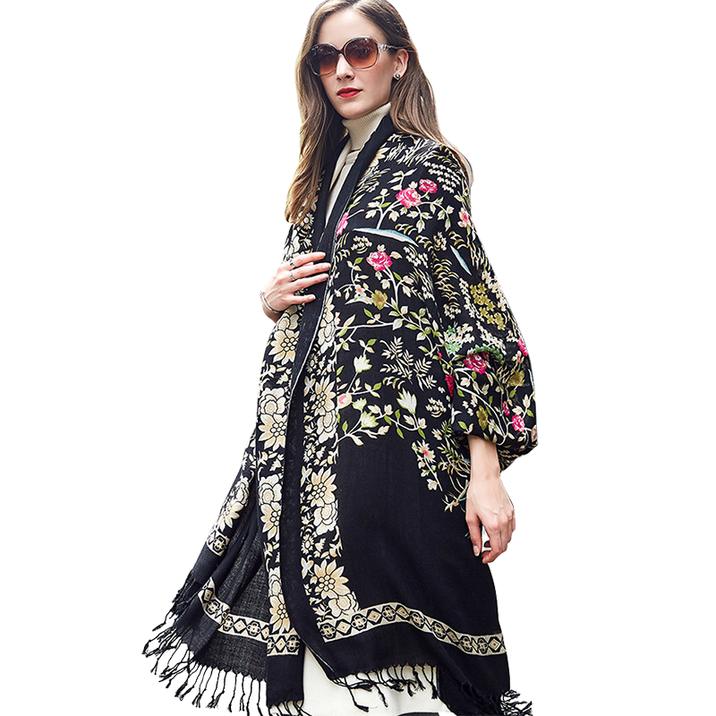 Premium Wool Shawl Ladies Long Cape - Elegant Black Triangle Scarf with Plant and Flower Pattern - FlaxLin Eco Textiles