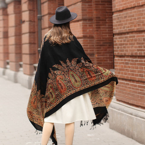 Women's Multi-use Cape - Oversized Shawl for Spring and Autumn - Multifunctional Ethnic Elegance in Timeless Black with Plants and Flowers Pattern - FlaxLin Eco Textiles