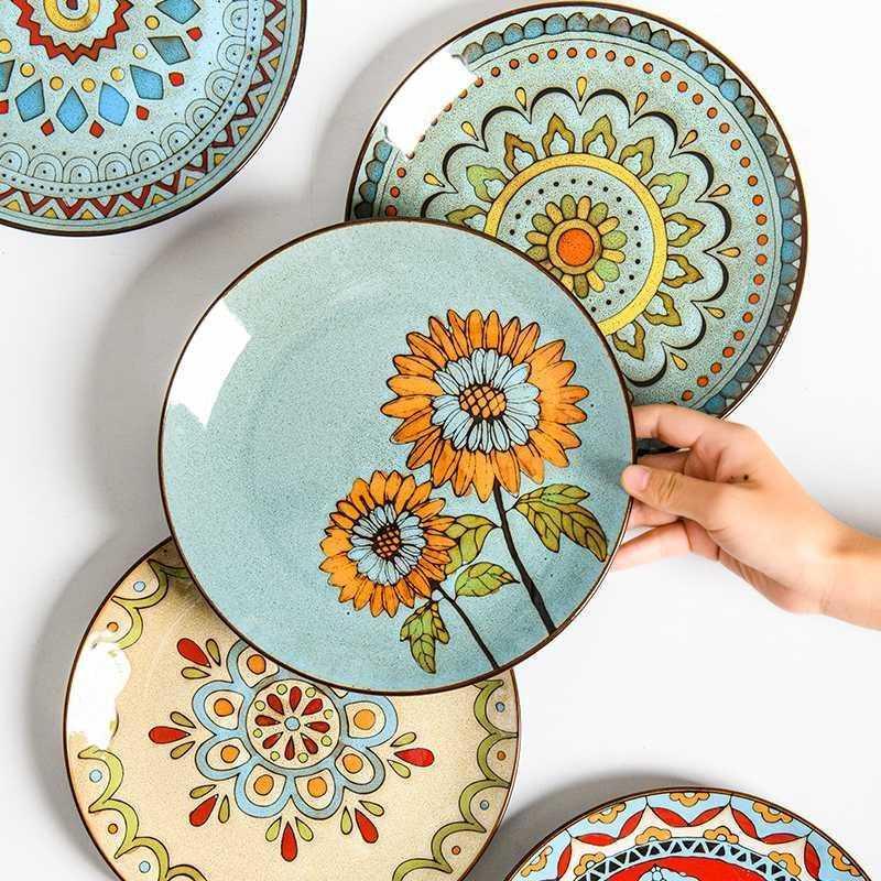 American Elegance: Hand-Painted Floral Round Dinner Plate - FlaxLin Eco Textiles