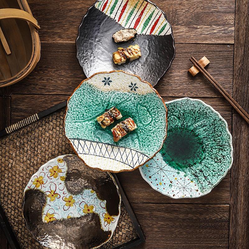 Artistic Elegance: Hand-Painted Marbled Polygonal Round Dinner Plate - FlaxLin Eco Textiles