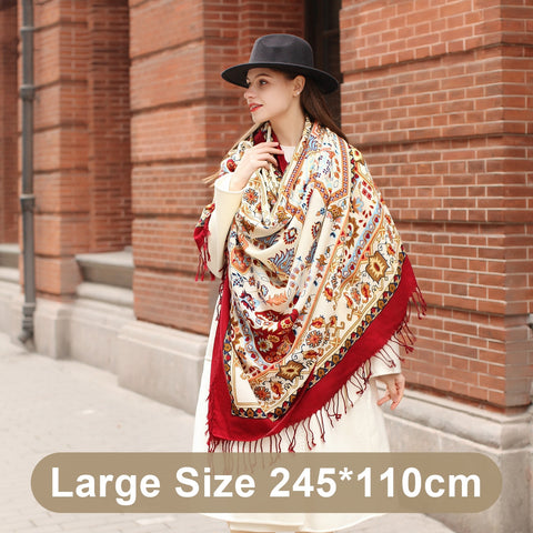 Elegance Redefined: Ethnic Shawl - Long Oversized Pure Wool Scarf with Plants and Flowers Pattern - FlaxLin eco Textiles