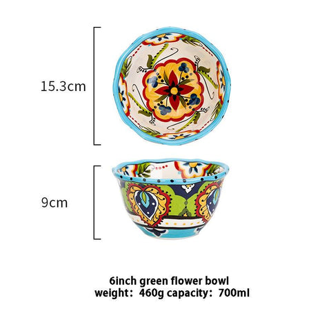 Bohemian Elegance: Hand-Painted Ceramic Bowl with Floral Motifs - FlaxLin Eco Textiles