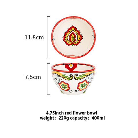 Bohemian Elegance: Hand-Painted Ceramic Bowl with Floral Motifs - FlaxLin Eco Textiles