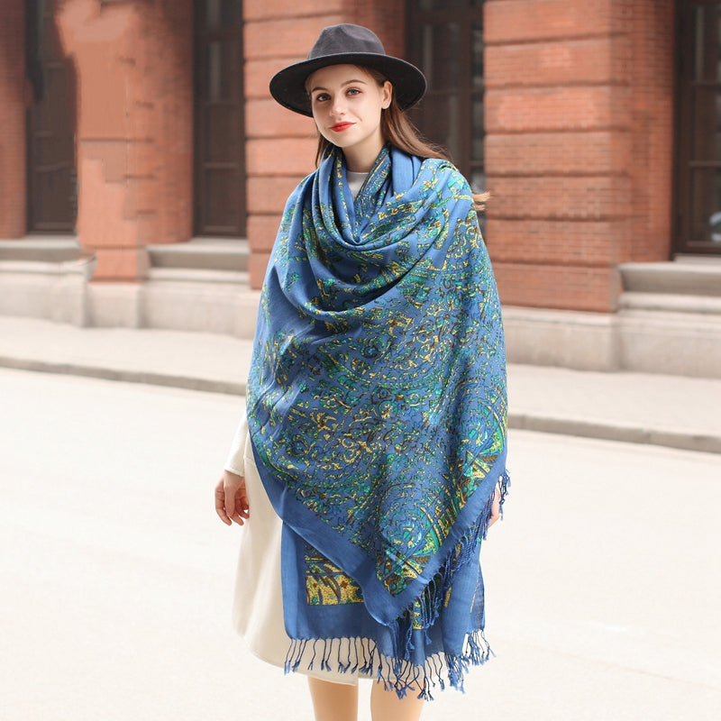 Blue Wool Cape: Thick Spring and Autumn Oversized Shawl - Ethnic Style - FlaxLin Eco Textiles