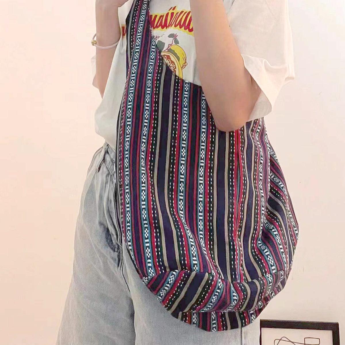Elegantly Boho: Ladies' One-Shoulder Jacquard Canvas Handbag - FlaxLin Eco Textiles