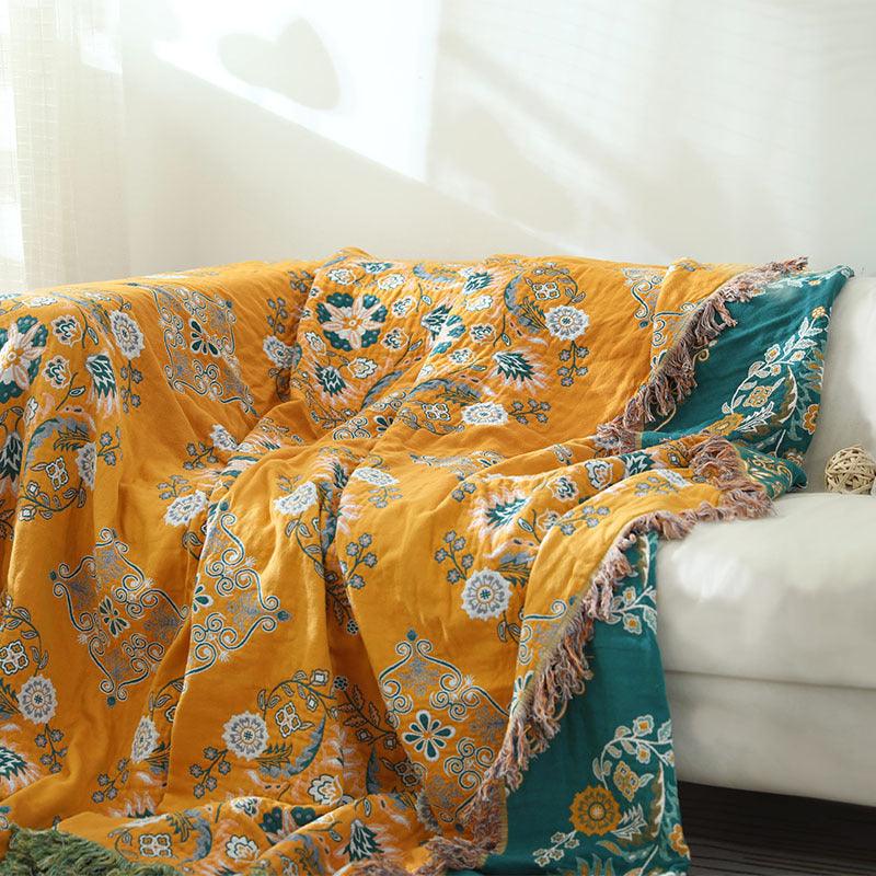 European Elegance: Cotton Gauze Fringed Sofa Cover Blanket - FlaxLin Eco Textiles