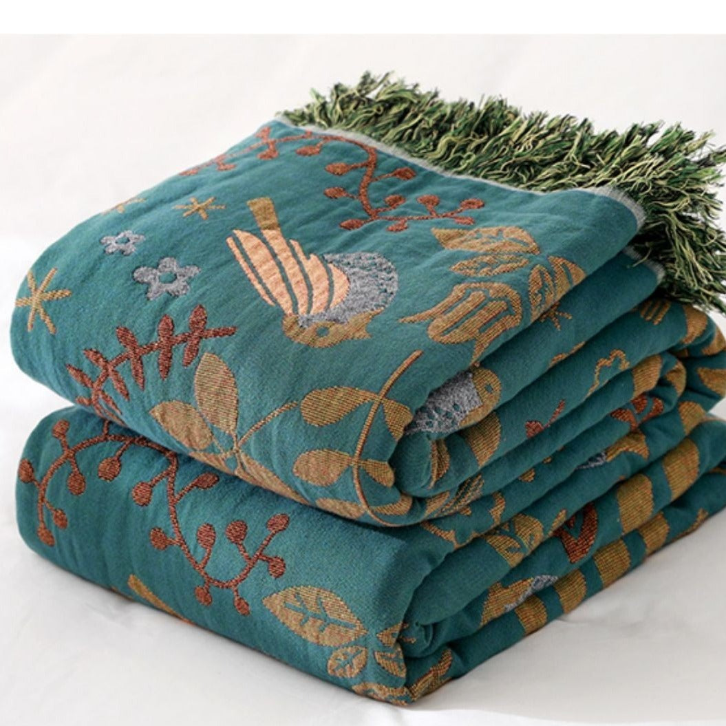 Cotton Spring Bird-Blue Blanket - Embrace Tranquility and Style - FlaxLin Eco Textiles