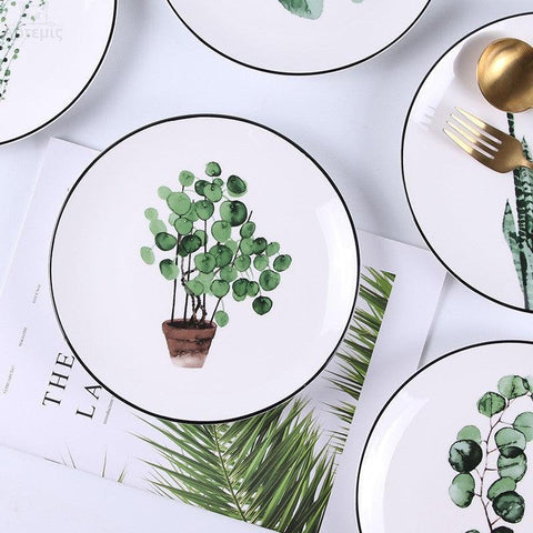Greenery Delight: Cartoon Plant-Themed Porcelain Plate - FlaxLin Eco Textiles