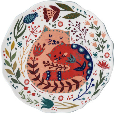 Hand Painted Cat & Flower Cartoon Ceramic Dinner Plate - FlaxLin Eco Textiles