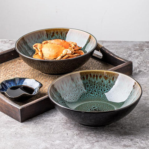 Vintage Green Kiln-Glazed Ceramic Bowl - FlaxLin Eco Textiles