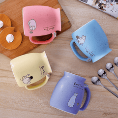 Whimsical Cat Ceramic Mug Set - 450ml with Lid & Spoon - FlaxLin Eco Textiles