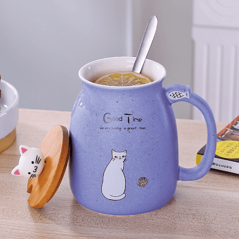 Whimsical Cat Ceramic Mug Set - 450ml with Lid & Spoon - FlaxLin Eco Textiles