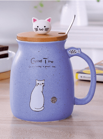 Whimsical Cat Ceramic Mug Set - 450ml with Lid & Spoon - FlaxLin Eco Textiles