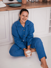 Blue Classic Soft Linen Pyjama Set Unisex - label, Pajama - FlaxLin Eco Textiles