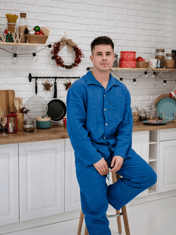Blue Classic Soft Linen Pyjama Set Unisex - label, Pajama - FlaxLin Eco Textiles