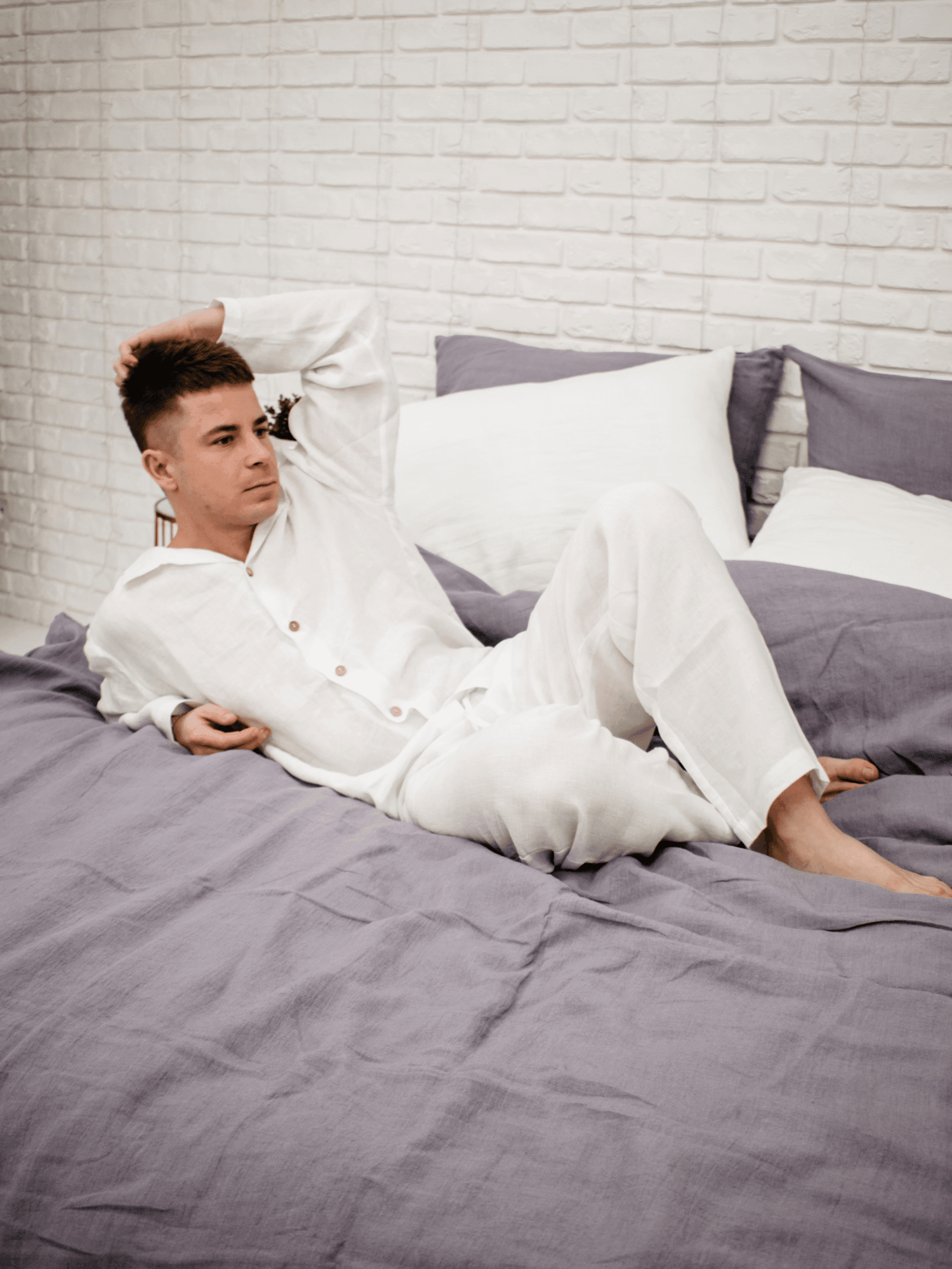 Men's Classic Soft Linen Snow White Pyjama Set - Pajama - FlaxLin Eco Textiles
