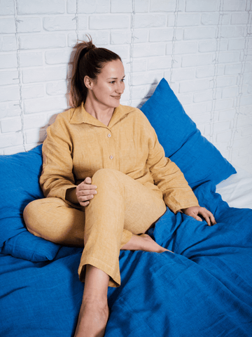 Turmeric-Yellow Soft Linen Women's Pyjama Set - label, Pajama - FlaxLin Eco Textiles